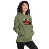 Military green hoodie with chest graphic, kangaroo pocket and drawstring hood
