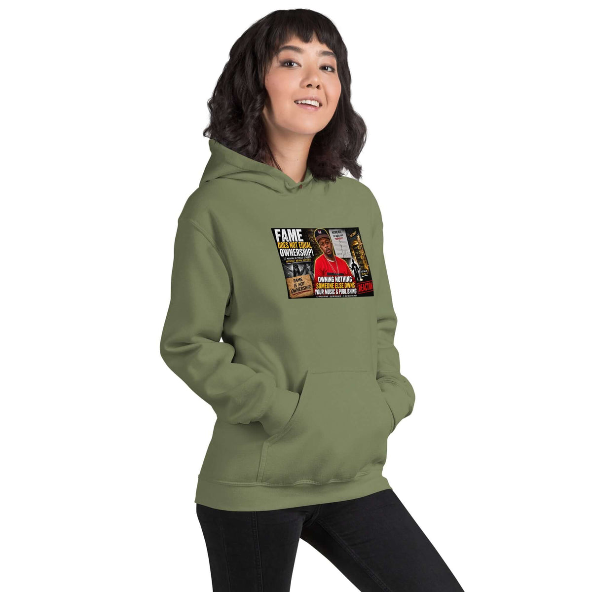 Military green hoodie with chest graphic, kangaroo pocket and drawstring hood