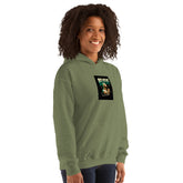 Olive green pullover hoodie with hood and chest logo graphic, front view