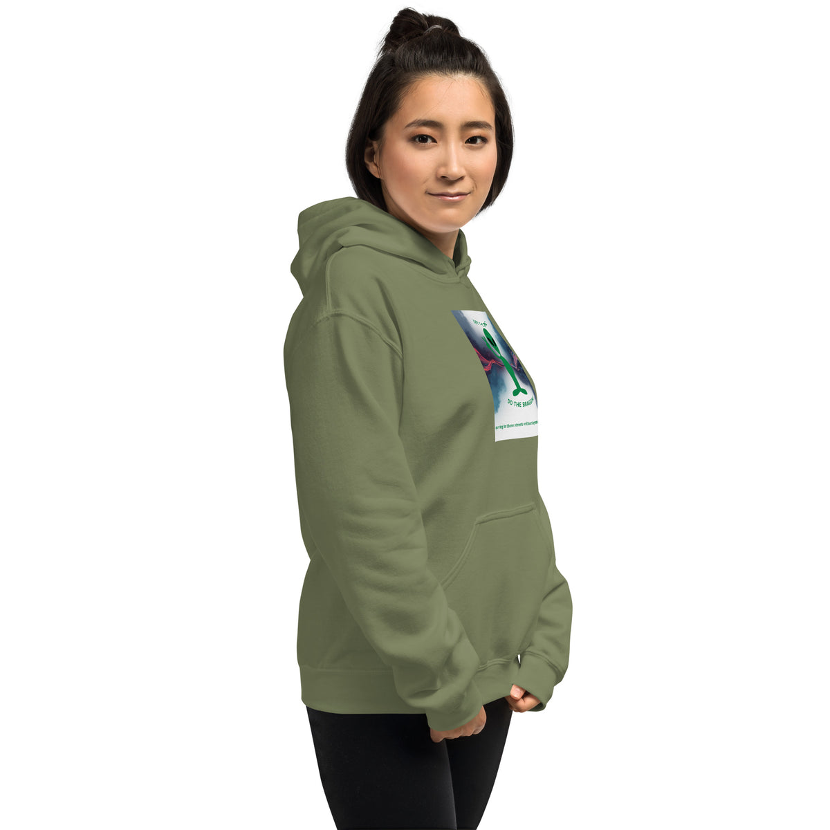 Military green pullover hoodie with hood and kangaroo pocket, chest graphic print