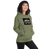 Unisex military green hoodie front view with centered chest graphic and kangaroo pocket