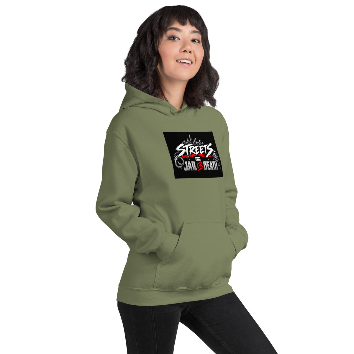 Unisex military green hoodie front view with centered chest graphic and kangaroo pocket