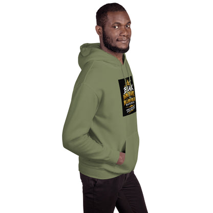 Olive green unisex hoodie with front logo graphic patch, side view