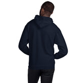 Navy unisex pullover hoodie with hood and kangaroo pocket, rear/side view