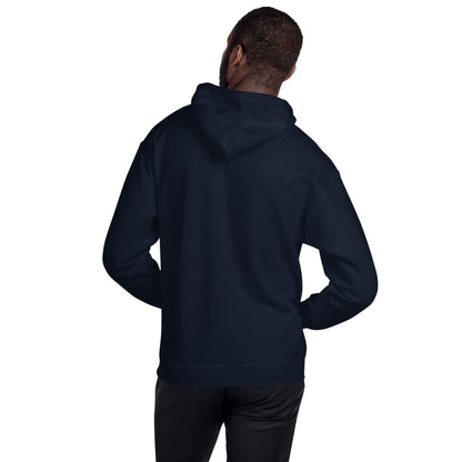 Navy unisex hoodie, back view with hood and kangaroo pocket