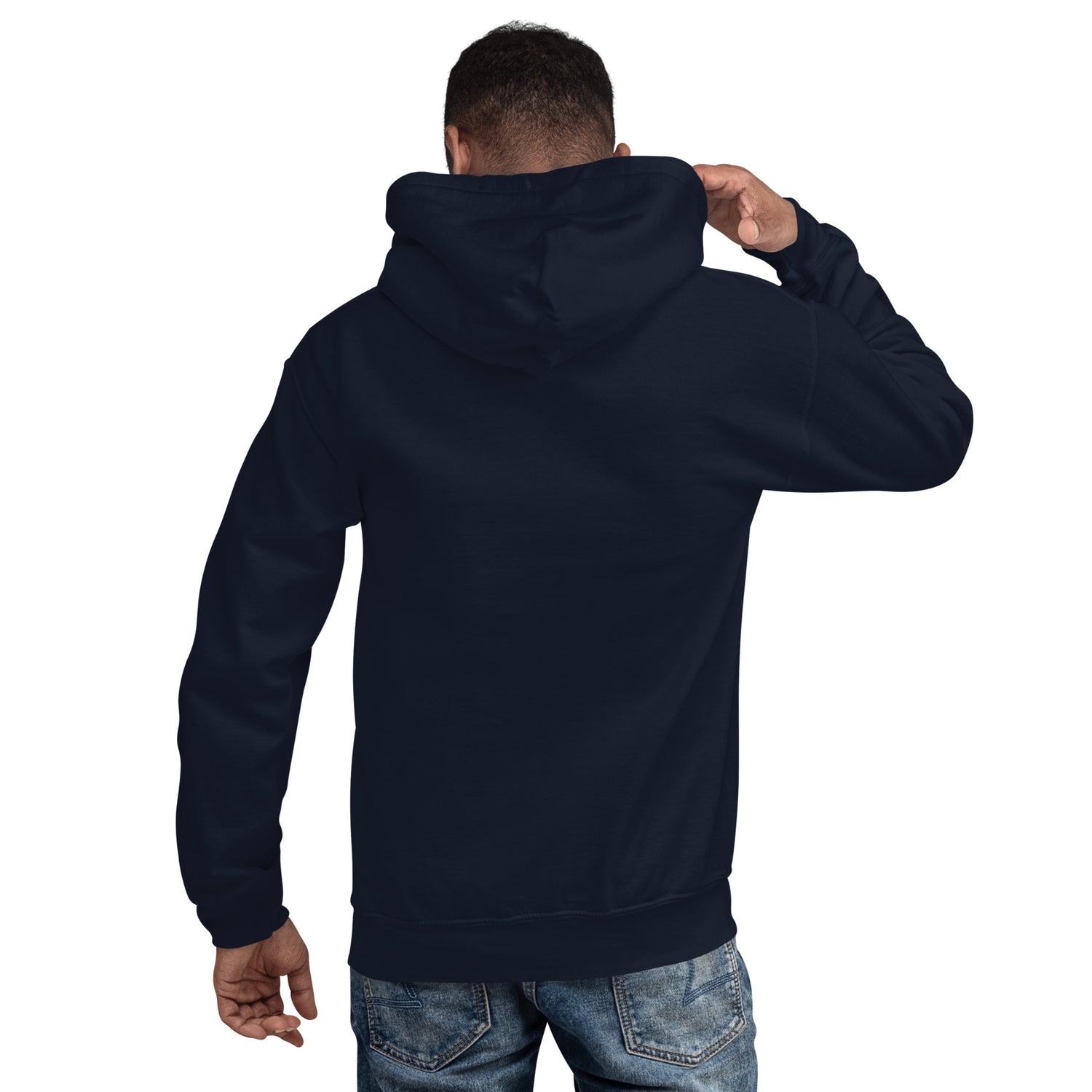 Back view navy unisex pullover hoodie with hood and long sleeves