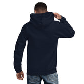 Back view navy unisex pullover hoodie with hood and long sleeves