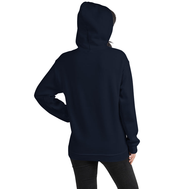 Navy unisex pullover hoodie with hood up and kangaroo pocket, back view