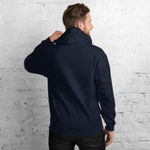 Navy unisex hoodie back view with hood and kangaroo pocket.