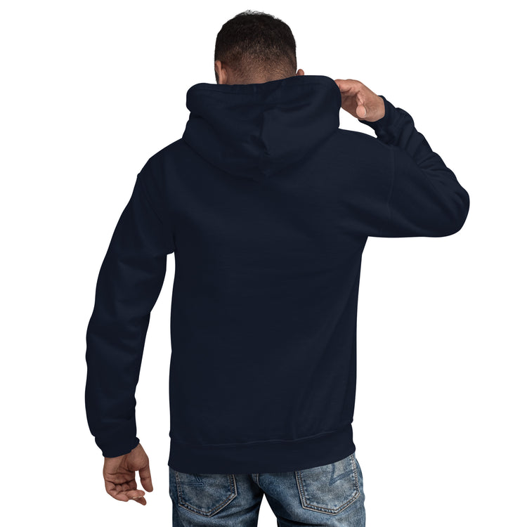 Unisex navy hoodie with kangaroo pocket and hood, shown from back view