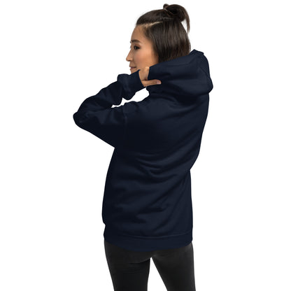 Navy unisex hoodie, back/side view with hood up