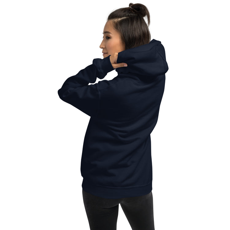 Unisex navy hoodie with hood, front pocket, and long sleeves, back view
