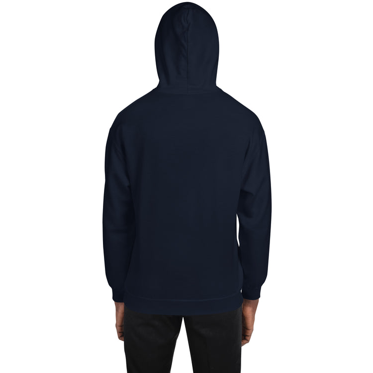 Navy unisex pullover hoodie with hood and front pouch pocket, back view.