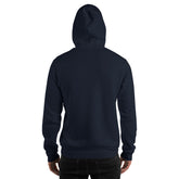 Navy unisex pullover hoodie back view with hood and ribbed cuffs and hem