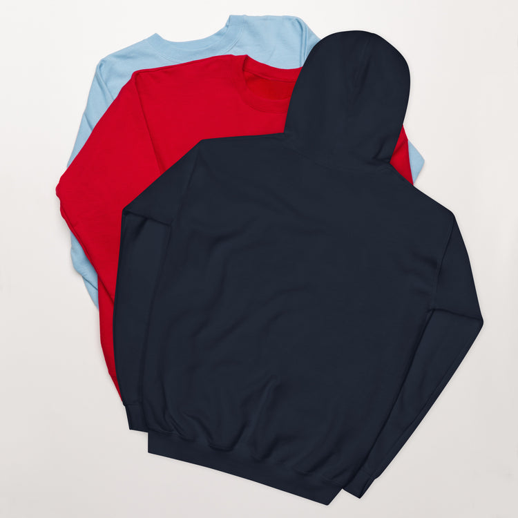 Navy hoodie, front view with hood up and front pocket