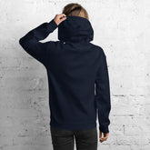 Navy unisex pullover hoodie with hood and front pocket, shown from the back