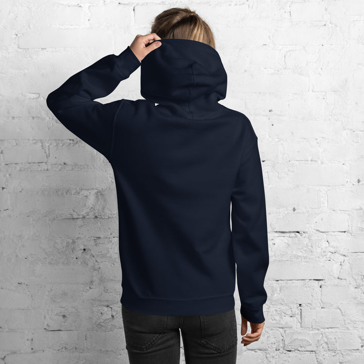 Navy unisex pullover hoodie with hood and front pocket, shown from the back