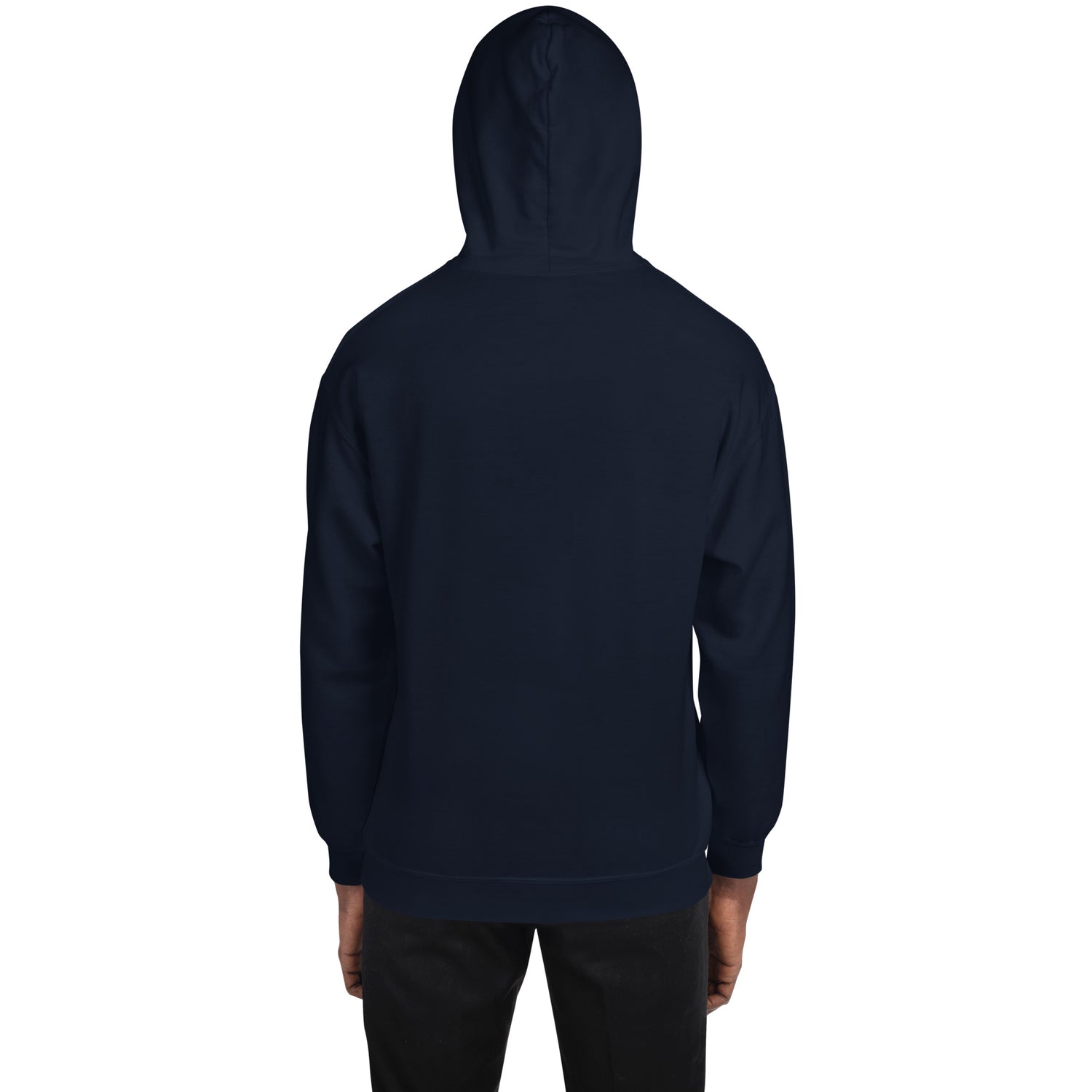 Move In Silence unisex hoodie, navy, back view with hood and long sleeves