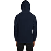 Navy unisex pullover hoodie with hood, back view