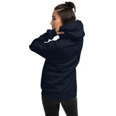 Navy hoodie back view with hood and long sleeves, kangaroo pocket.