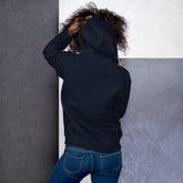 Dark navy unisex hoodie with hood and kangaroo pocket, back view