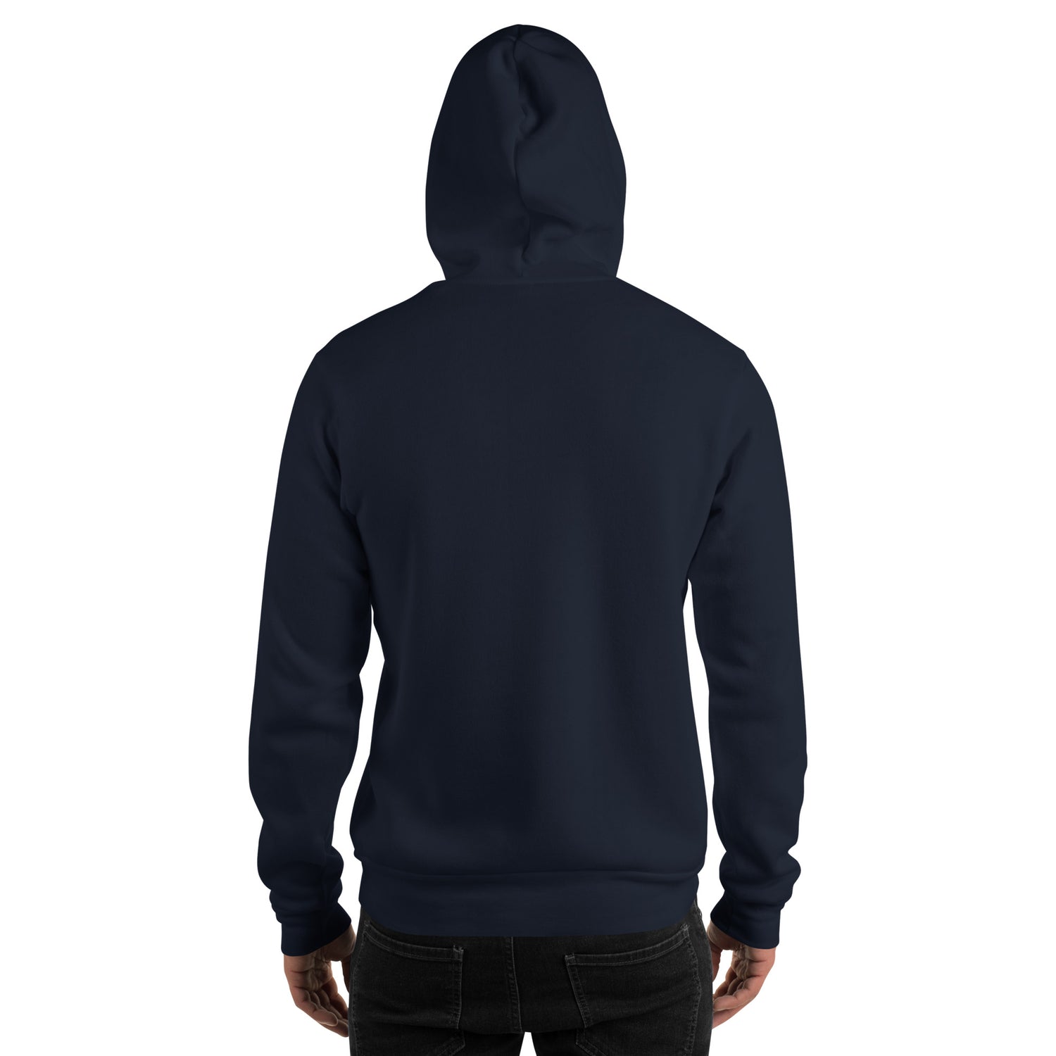 Navy unisex hoodie, back view with hood and kangaroo pocket
