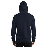 Navy unisex hoodie, back view with hood and kangaroo pocket