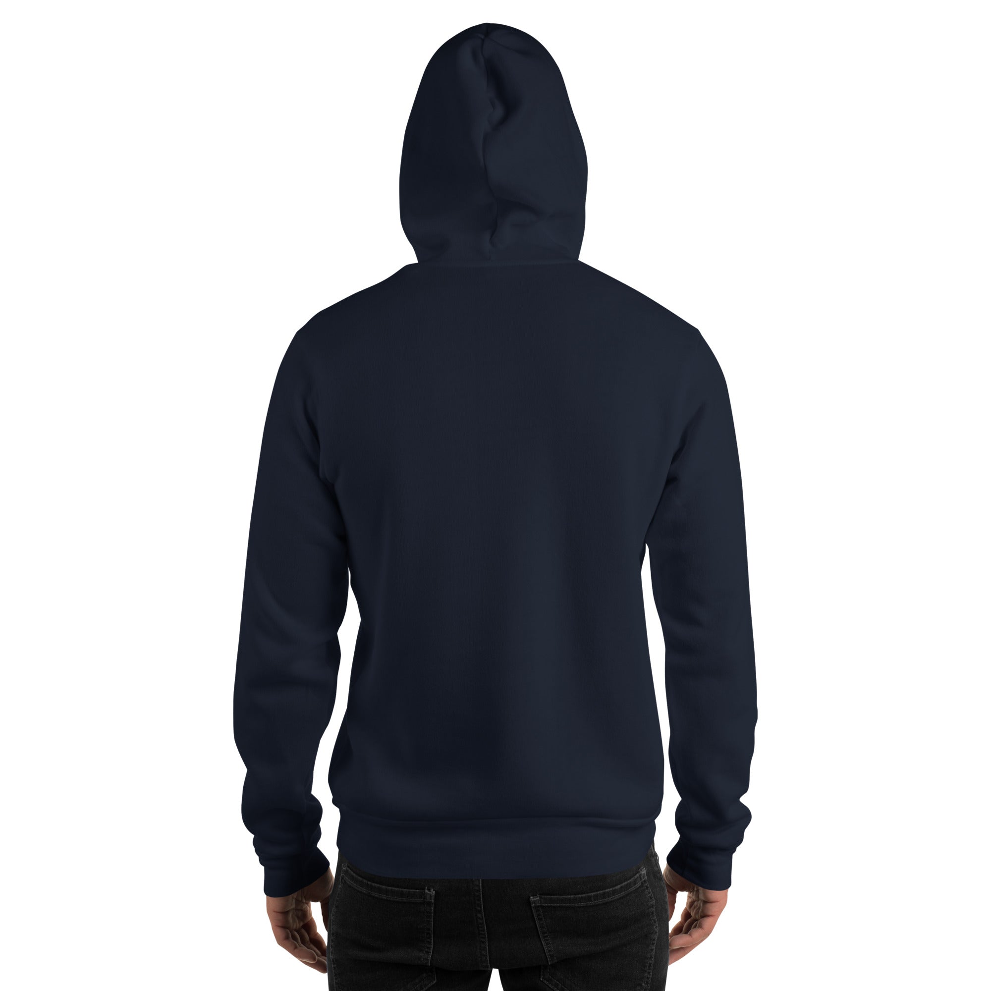 Navy unisex hoodie, back view with hood and kangaroo pocket