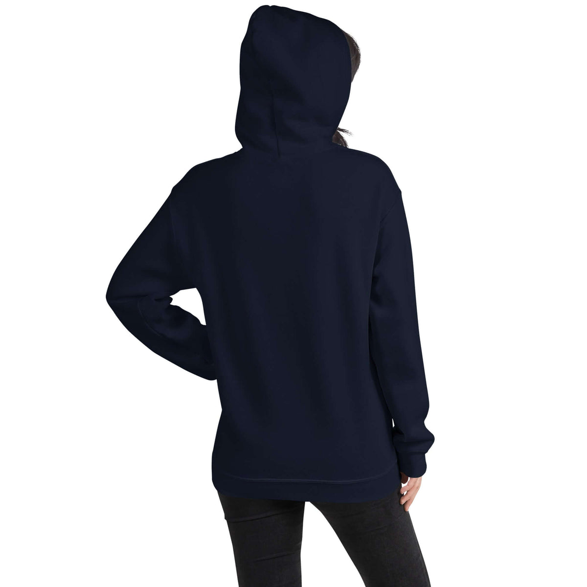 Navy pullover hoodie with attached hood and kangaroo pocket; view from the back/side.