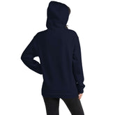 Navy pullover hoodie with attached hood and kangaroo pocket; view from the back/side.