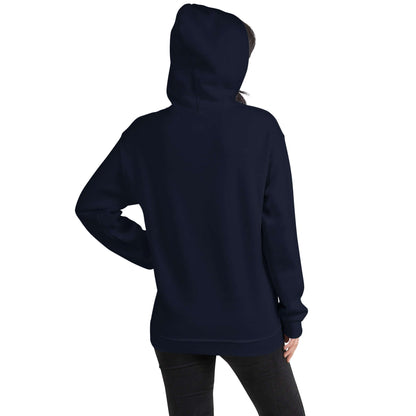 Navy pullover hoodie with attached hood and kangaroo pocket; view from the back/side.