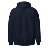 Navy pullover hoodie back view with drawstring hood and kangaroo pocket