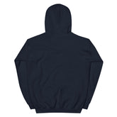 Dark navy pullover hoodie, back view with hood and plain shoulders