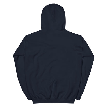 Navy pullover hoodie, back view with hood and kangaroo pocket opening