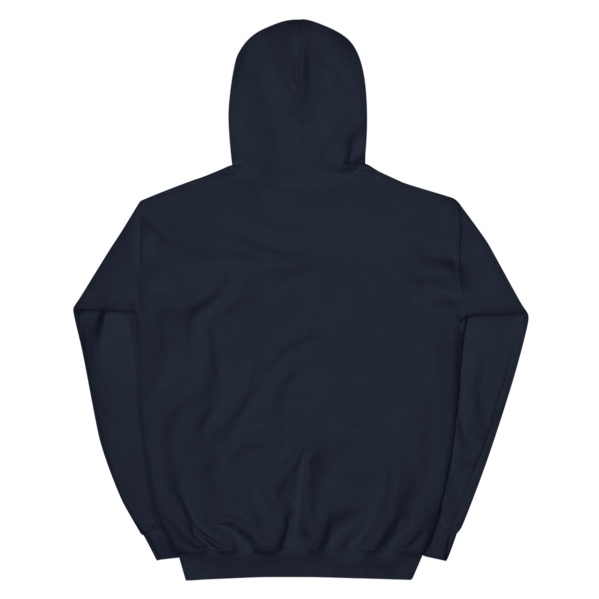 Dark navy pullover hoodie with hood and kangaroo pocket, plain back view