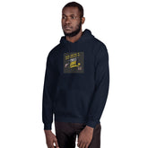 Unisex dark hoodie with front logo patch and hood, full front