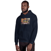 Unisex navy pullover hoodie with chest graphic, kangaroo pocket and hood