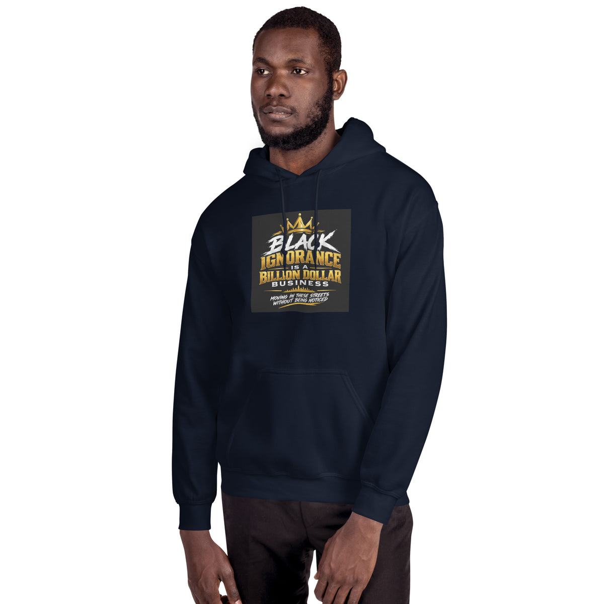 Unisex dark blue pullover hoodie with hood, front pocket, and gold graphic chest print