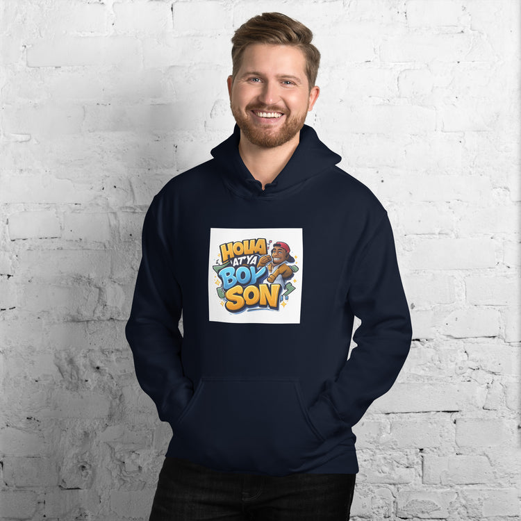Unisex navy hoodie with front graphic print and kangaroo pocket