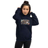 Navy unisex hoodie with hood, front pouch pocket, and chest graphic print.