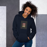 Navy unisex hoodie with front pocket and chest graphic, drawstring hood