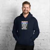 Navy unisex hoodie with hood, drawstrings, kangaroo pocket, and front graphic print.