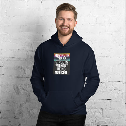 Unisex hoodie in dark navy; front view with hood and chest graphic