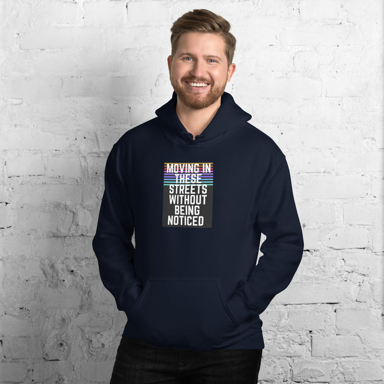Navy unisex hoodie with hood, drawstrings, kangaroo pocket, and front graphic print.
