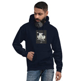 Unisex navy hoodie with front print, kangaroo pocket, and drawstring hood