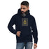 Navy unisex hoodie with chest graphic and kangaroo pocket