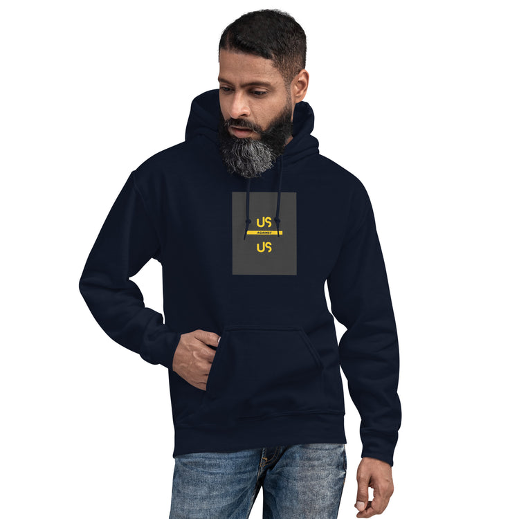Navy unisex hoodie with hood, front pouch pocket, and small chest graphic patch.