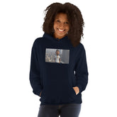 Navy unisex hoodie with front chest graphic, hood and kangaroo pocket