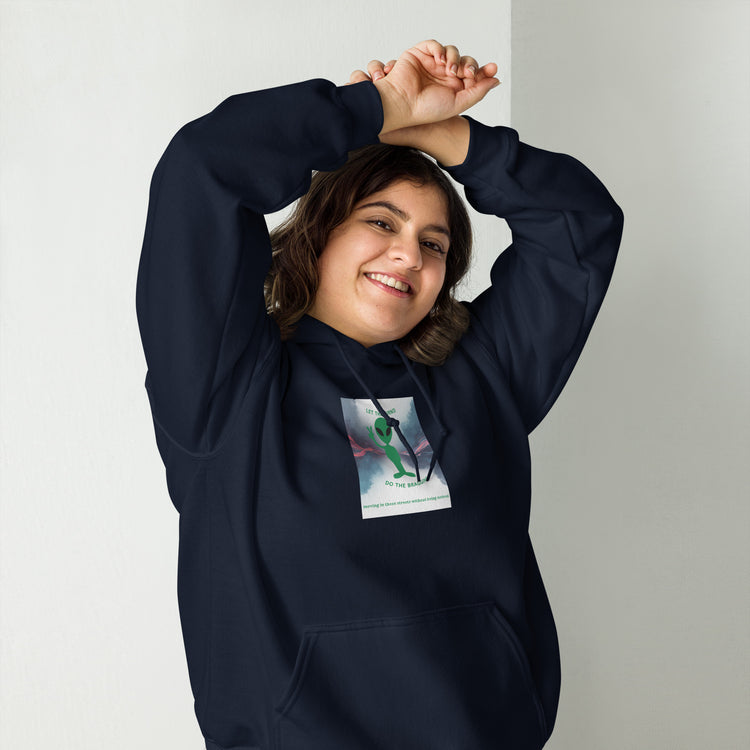 Navy unisex hoodie with chest graphic, hood with drawstrings, and front pouch pocket