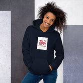 Navy unisex hoodie with hood, kangaroo pocket, and square chest graphic print